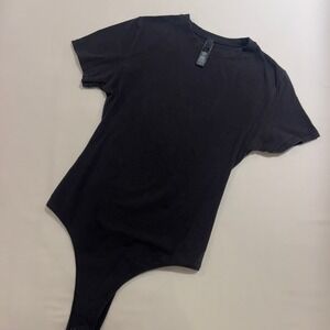 SKIMS Cotton Jersey T-Shirt Bodysuit Soot Black Small Crew Neck Short Sleeve